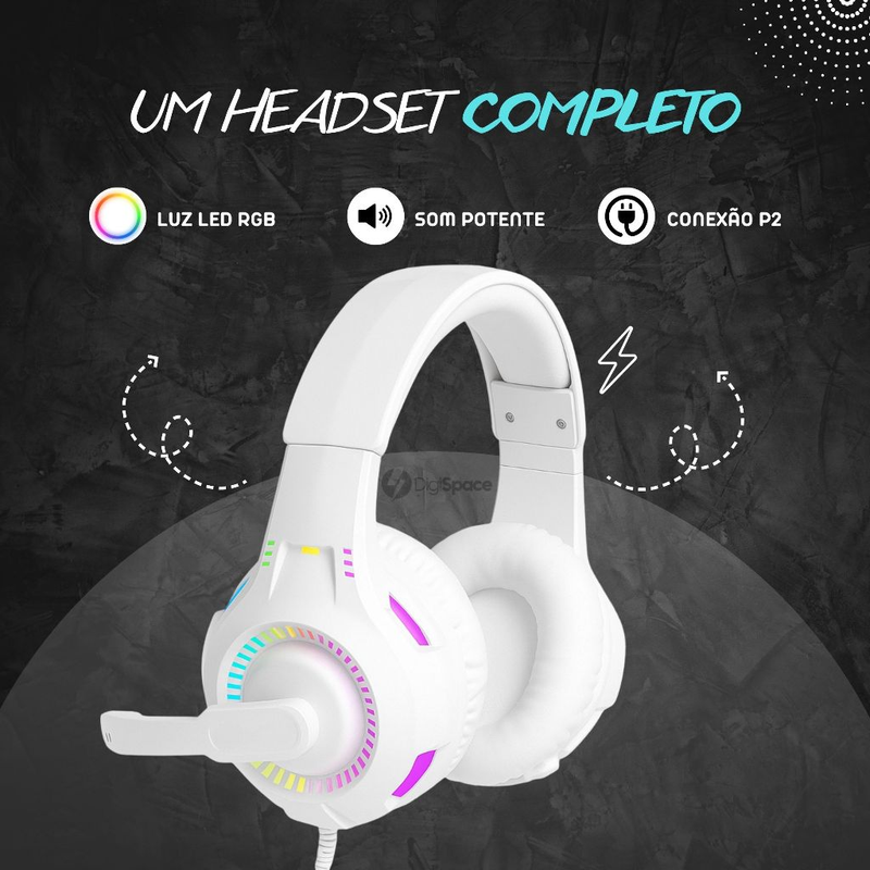 Fone De Ouvido Headset Gamer Profissional Branco Led RGB PC USB P2/P3 Celular Vídeogame Xbox PS4 PS5